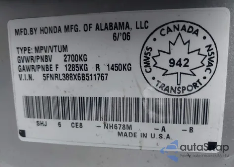 2006 Honda Odyssey Touring z USA, uszkodzony, nr VIN 5FNRL388X6B511767